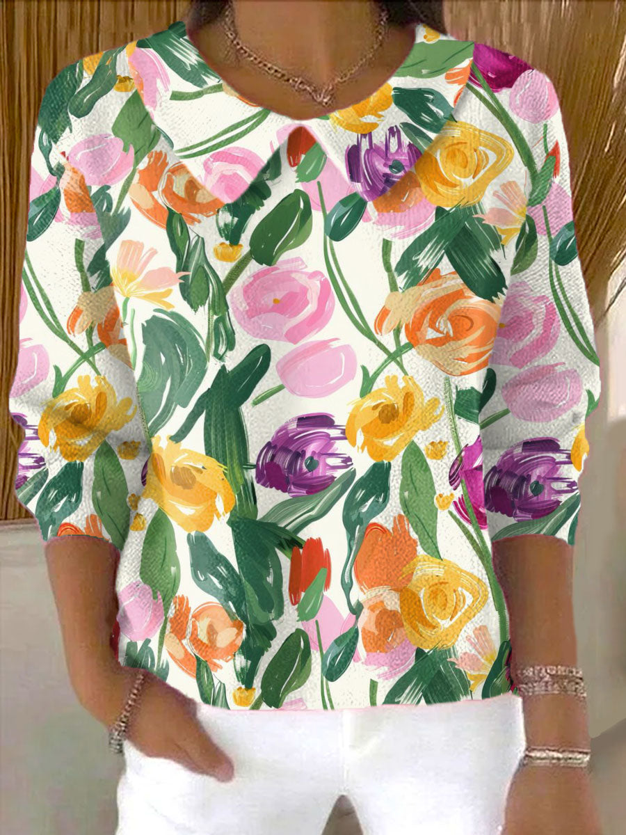 Women's Oil Painting Style Tulips Print Casual Peter Pan Collar 3/4 Sleeve Sweater