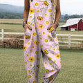 Women's Lovely Bees Floral Art Print Casual 100% Cotton Wide Leg Jumpsuit