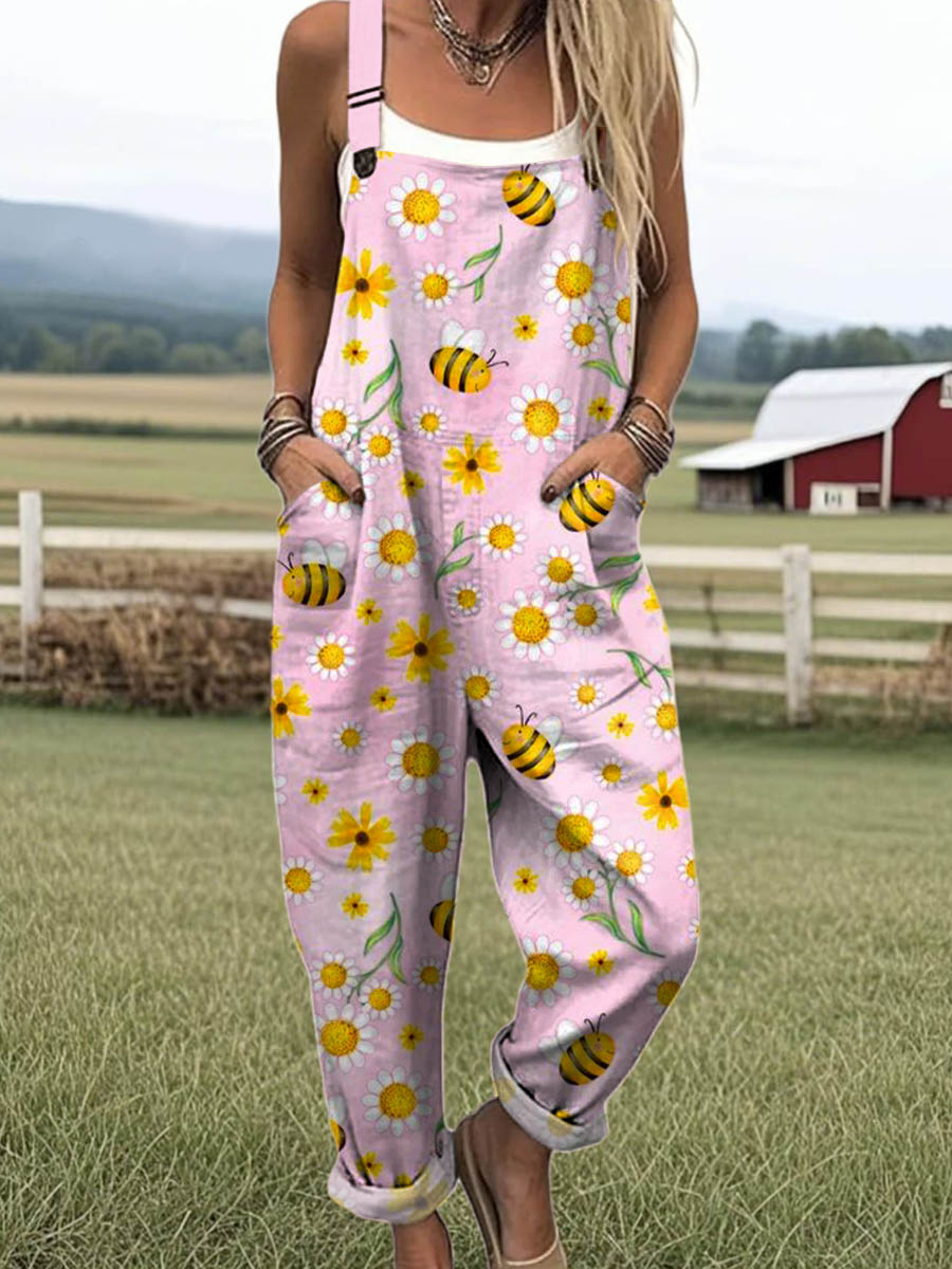 Women's Lovely Bees Floral Art Print Casual 100% Cotton Wide Leg Jumpsuit