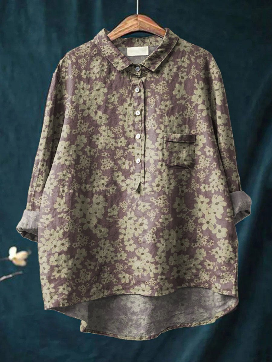 Women's Vintage Floral Art Print Casual Cotton And Linen Shirt
