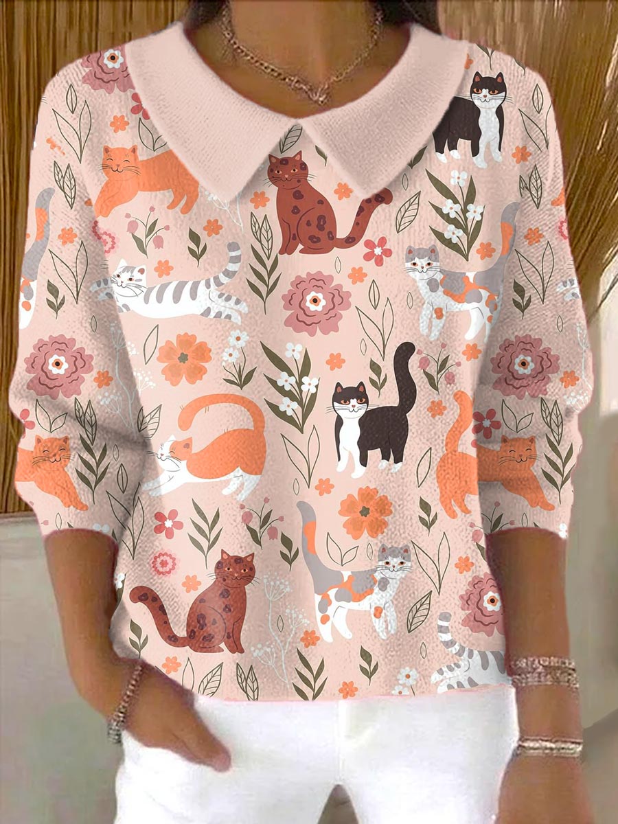 womens-lovely-cats-floral-art-print-casual-peter-pan-collar-3-4-sleeve-sweater