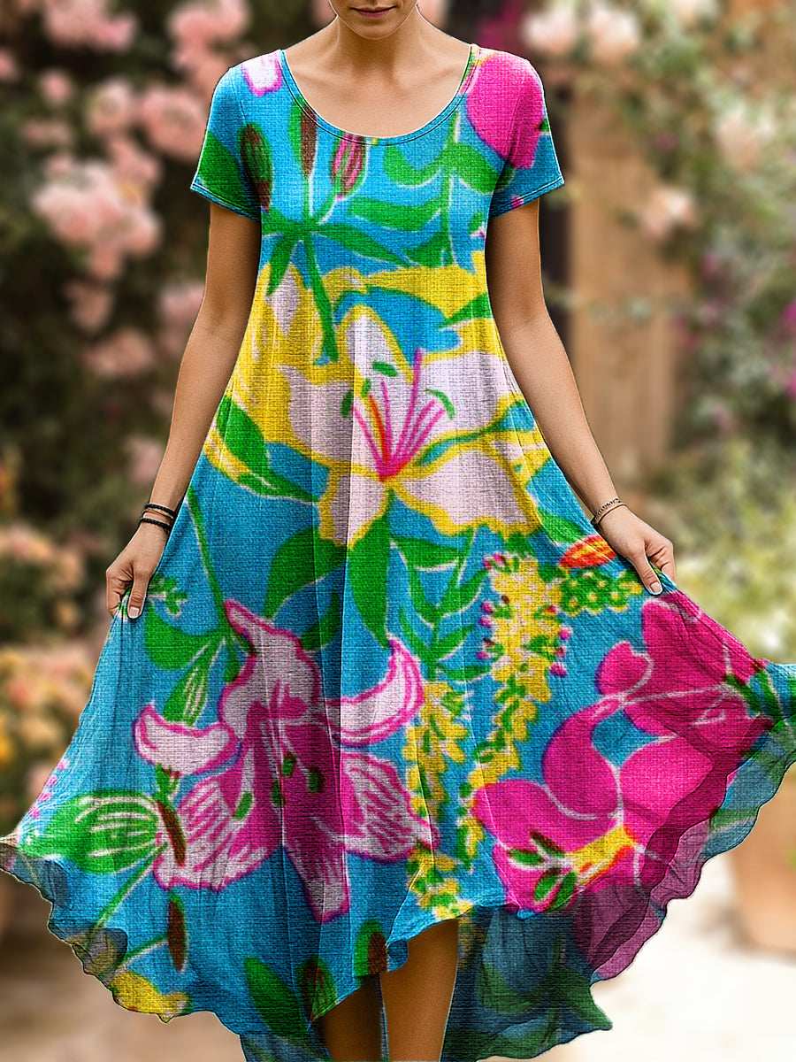 Women's Beautiful Colorful Large Flower Painting Art Print Sleeveless Cotton Pocket Dress