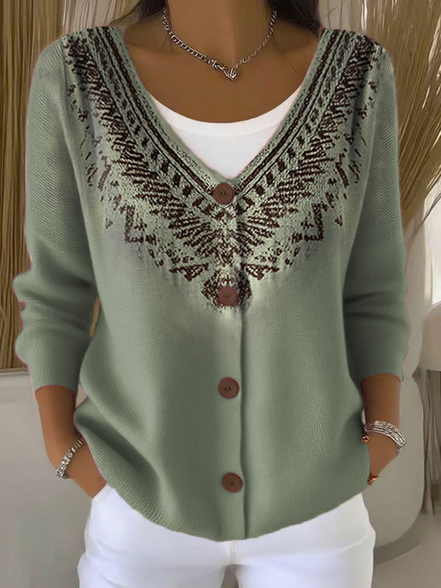 Vintage Floral Art Print Buttoned V-neck Cardigan Sweater