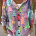 Women's Cute Colorful Winter Christmas Tree Art Print Casual Hooded Button Sweater
