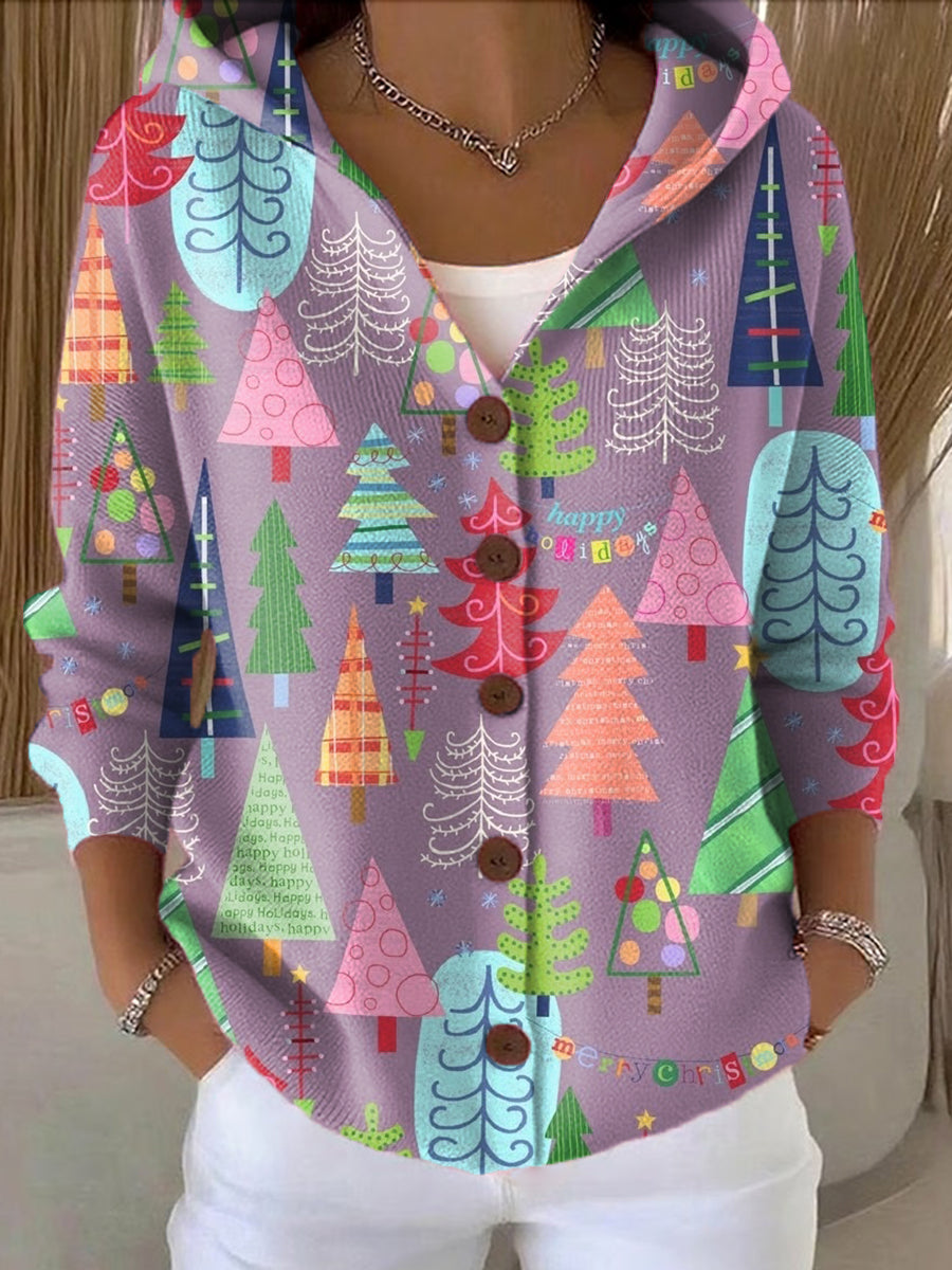 Women's Cute Colorful Winter Christmas Tree Art Print Casual Hooded Button Sweater