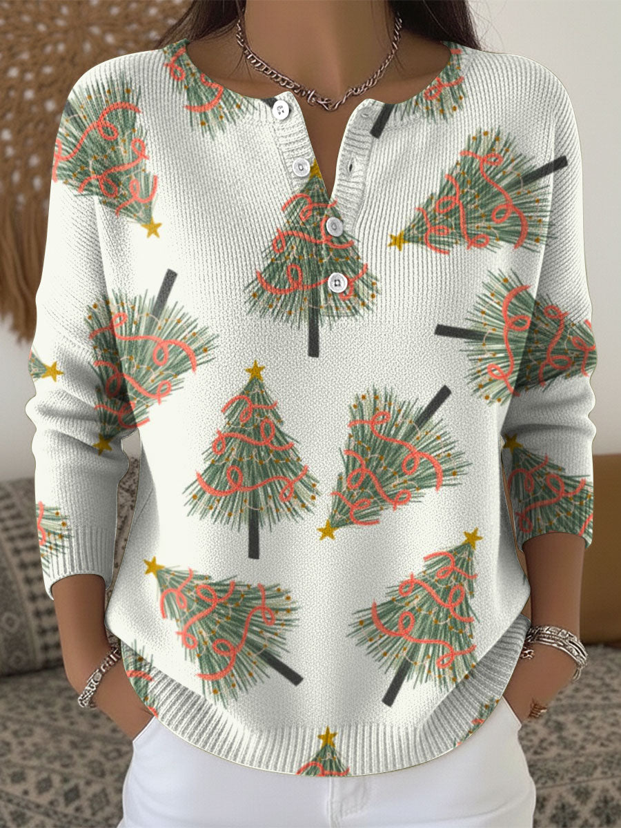 Women's Christmas Trees Pattern Art Print Buttoned Cardigan Sweater