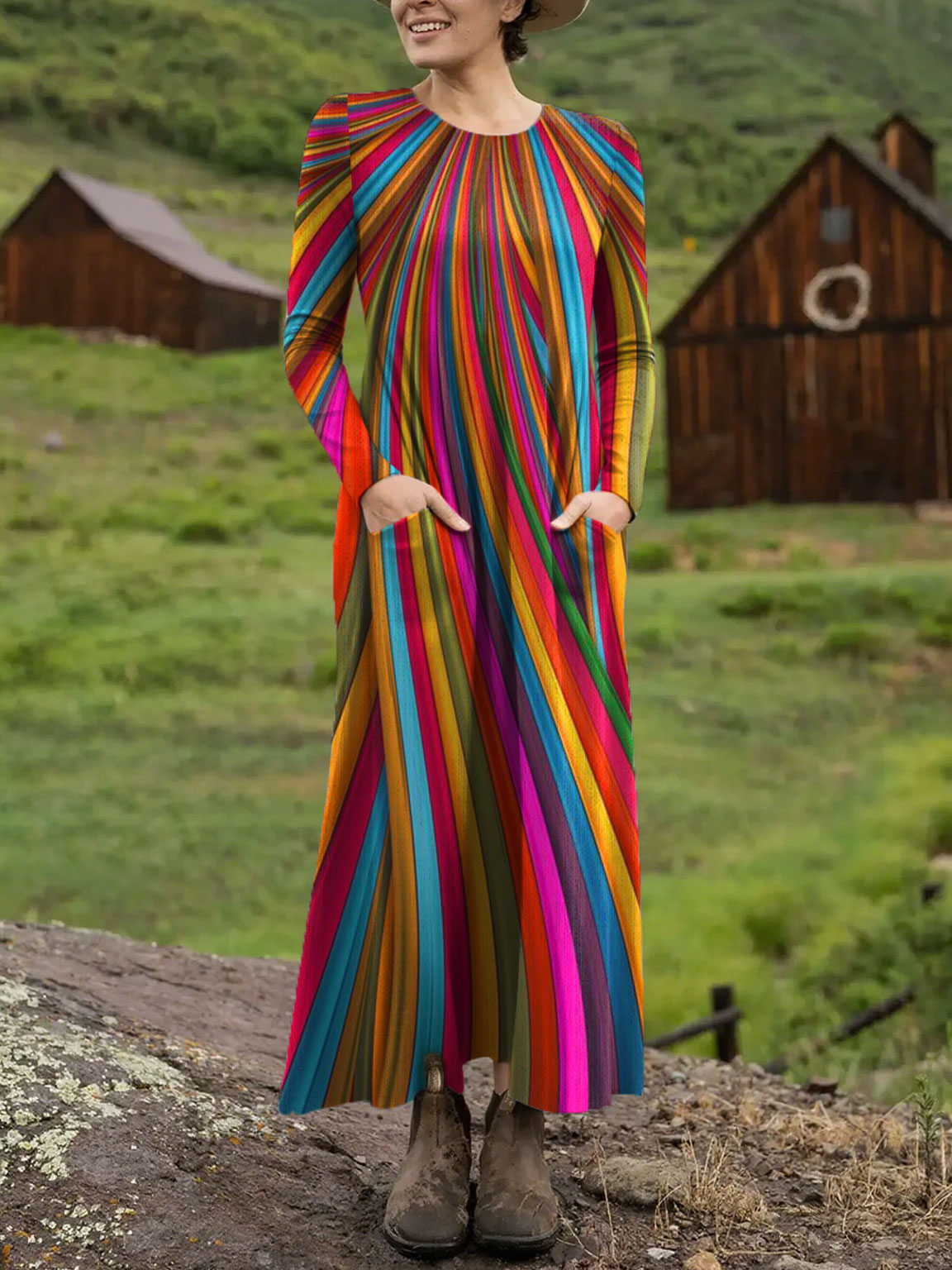 Women's Vintage Abstract Geometric  Art Printed Long-sleeved Casual Dress