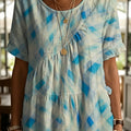 Geometric Linear Plaid Decorative Pattern Women's Round Collar Short Sleeve Cotton Shirt