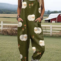 Women's Lovely Sheep Art Print Casual 100% Cotton Wide Leg Jumpsuit