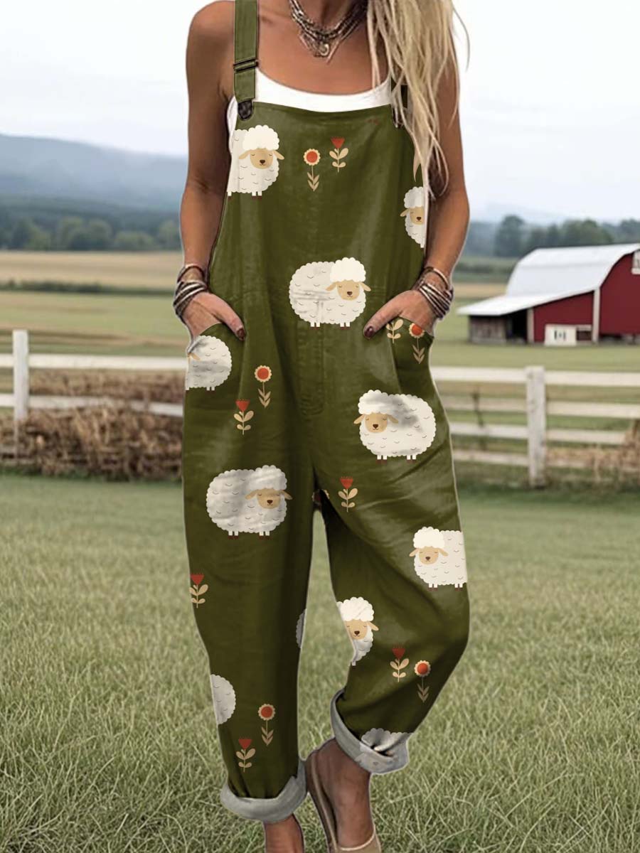 Women's Lovely Sheep Art Print Casual 100% Cotton Wide Leg Jumpsuit