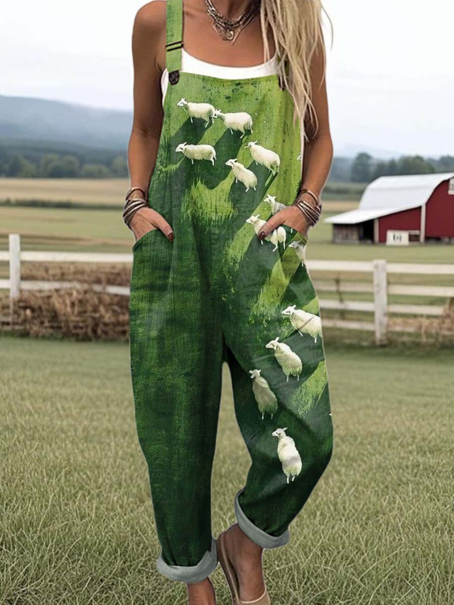 Women's Lovely Sheep Art Print Casual 100% Cotton Wide Leg Jumpsuit