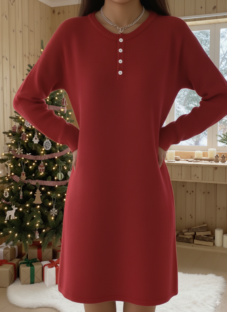 Women's Henley Collar Soft Wool Solid Color Knitted Dress