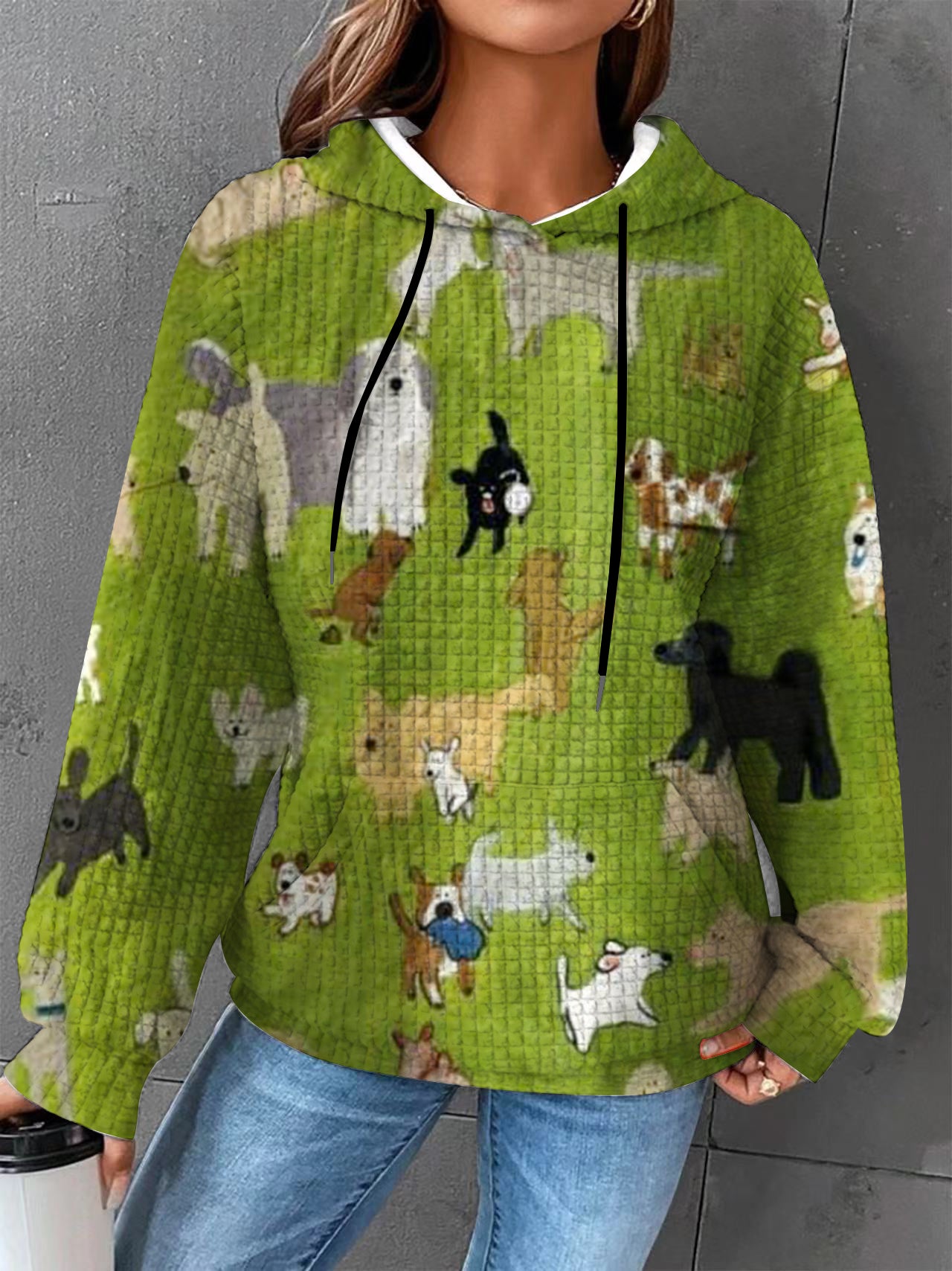 Plus Size Autumn/Winter Women's Waffle Essential Creative Printed Long Sleeve Hooded Sweatshirt