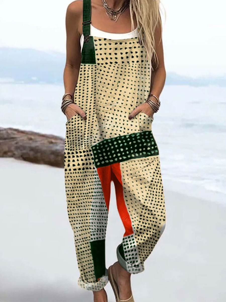 Women's Vintage Abstract Geometric Art Print Casual 100% Cotton Wide Leg Jumpsuit