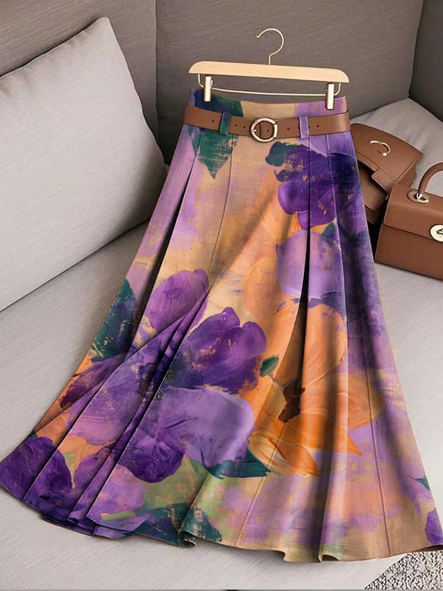 Women's Vintage Floral Print High-Waisted A-Line Casual Skirt
