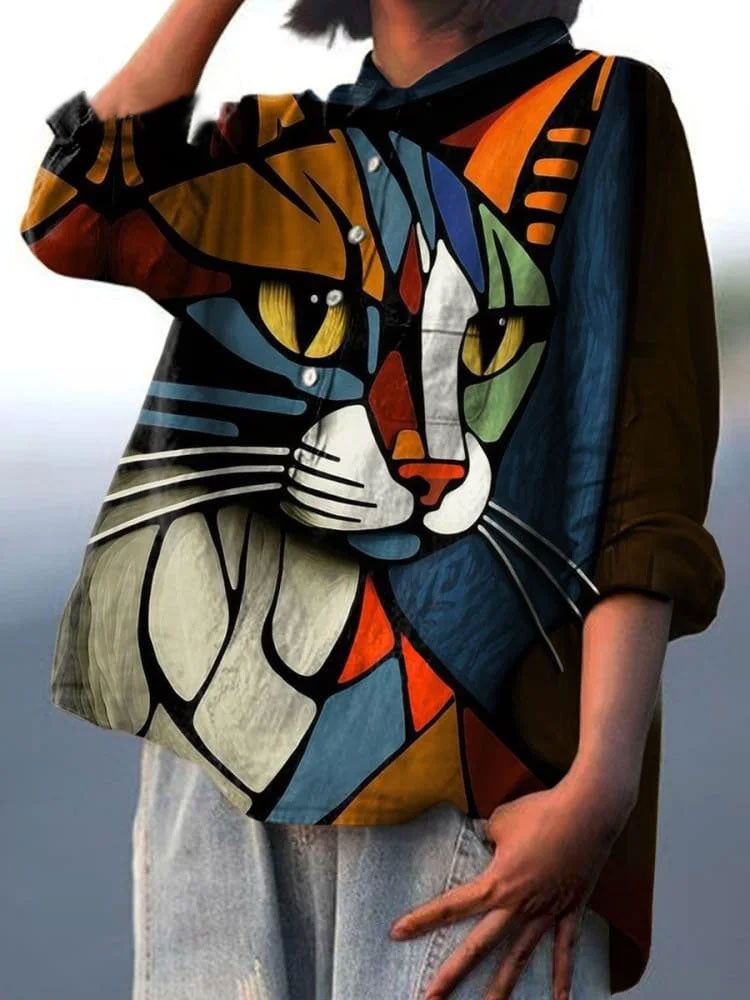 Women's Cat Art Abstract Print Casual Cotton And Linen Shirt