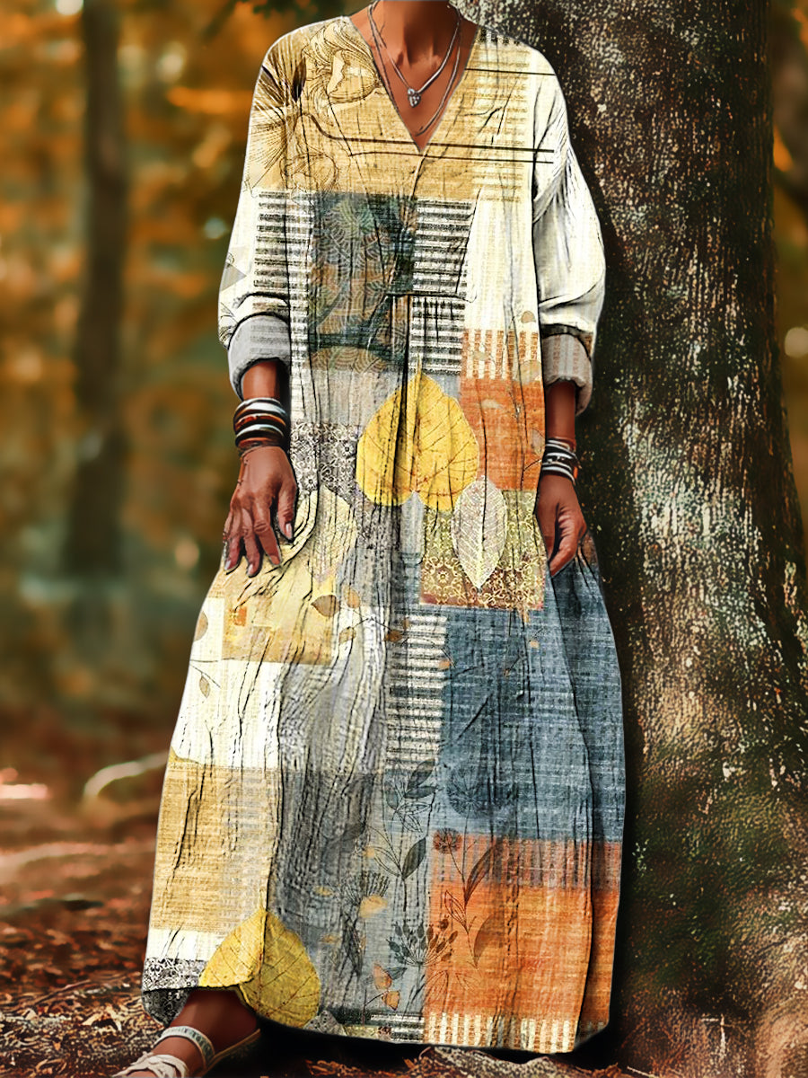 Women's Vintage Abstract Geometric Leaves Painting Art Print Dress