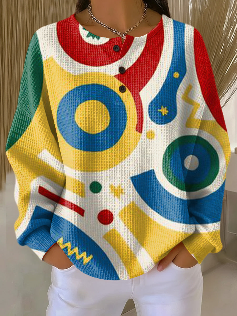 Women's Beautiful Colorful Abstract Geometric Painting Art Print Casual Waffle Henry Collar Sweatshirt