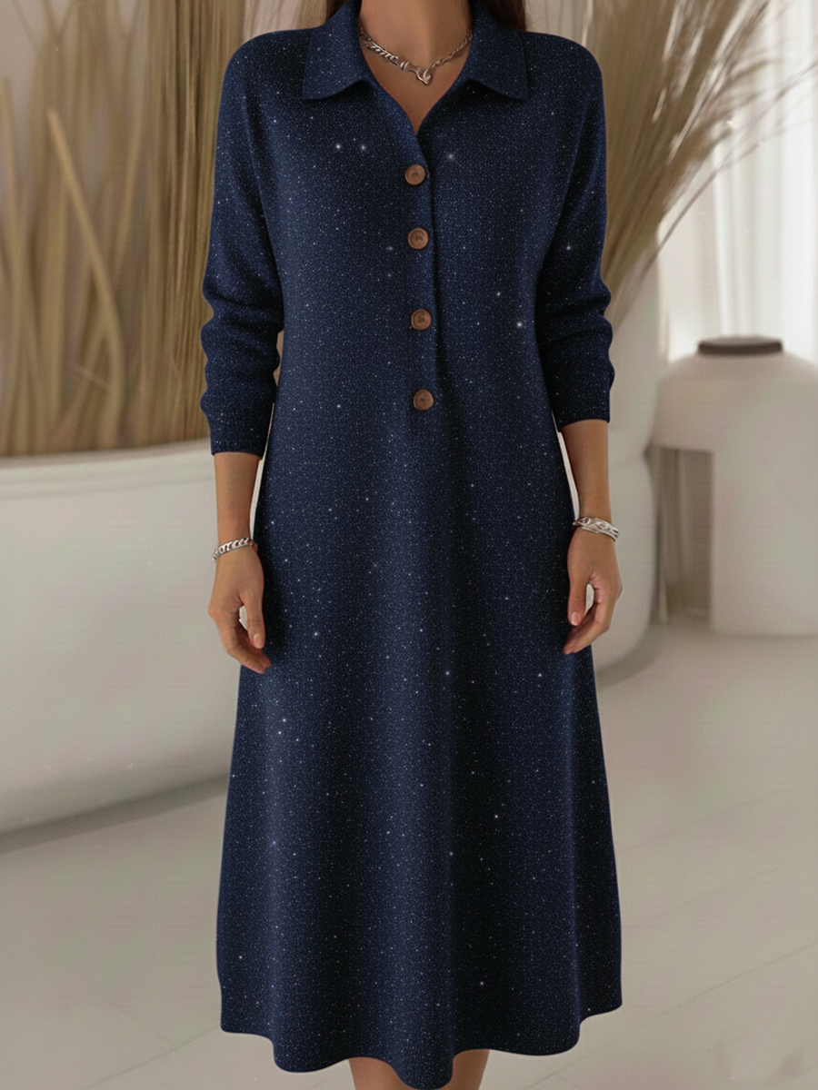 Classic Polo Collar Button Shiny Knitted Midi Dress