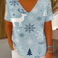 Women's Christmas Graphic Print V-Neck Short Sleeve Casual Loose Pullover Sweater
