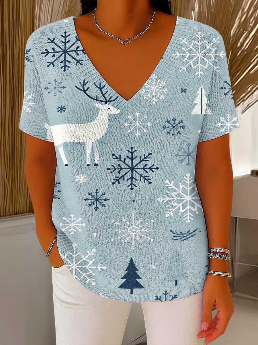 Women's Christmas Graphic Print V-Neck Short Sleeve Casual Loose Pullover Sweater