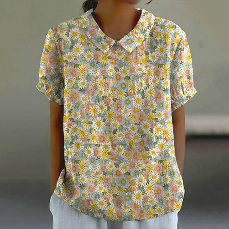 Women's Daisy Floral Art Print Casual Cotton And Linen Shirt