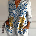Tiger And Tree Symmetrical Graphic Printed Women's Casual Cotton Shirt