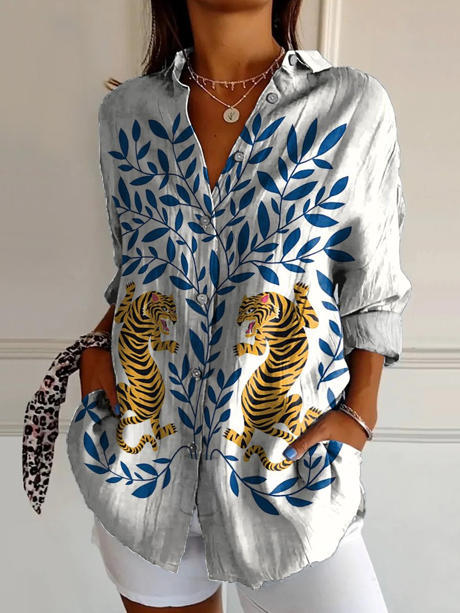 Tiger And Tree Symmetrical Graphic Printed Women's Casual Cotton Shirt