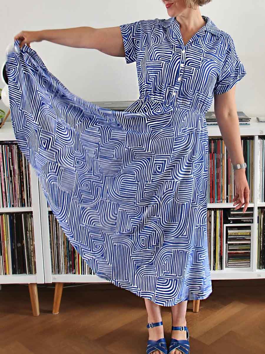 Women's Geometric Print Lapel Short Sleeve Casual Cotton Dress