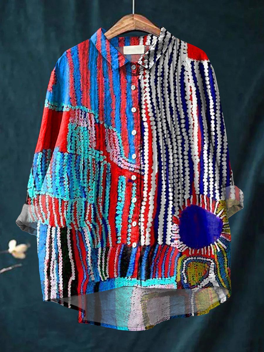 Women's Abstract Pattern Art Print Casual Cotton And Linen Ruffle Shirt