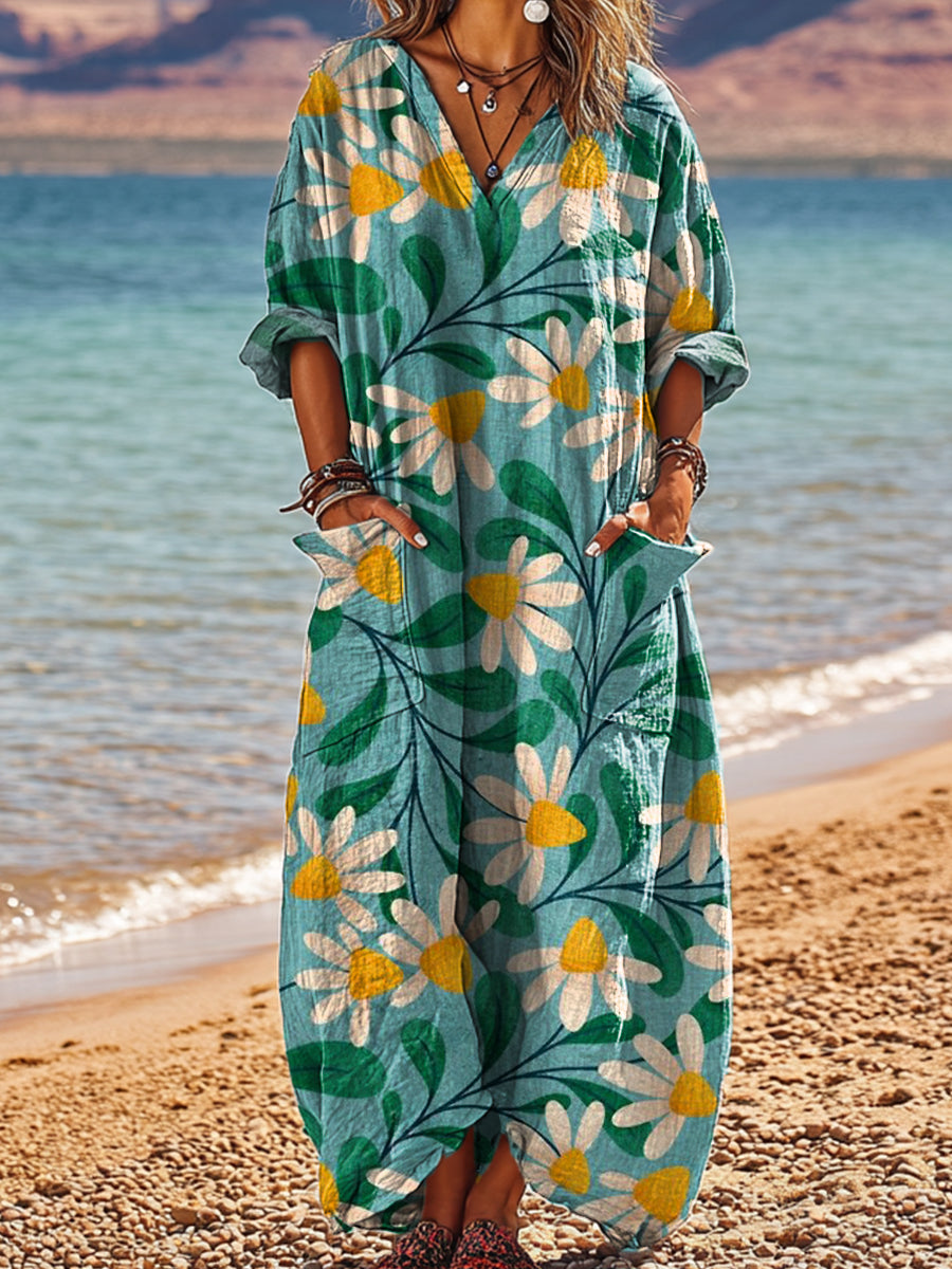 Women's Vintage Abstract Floral Painting Art Print Pocket V-neck Cotton Dress