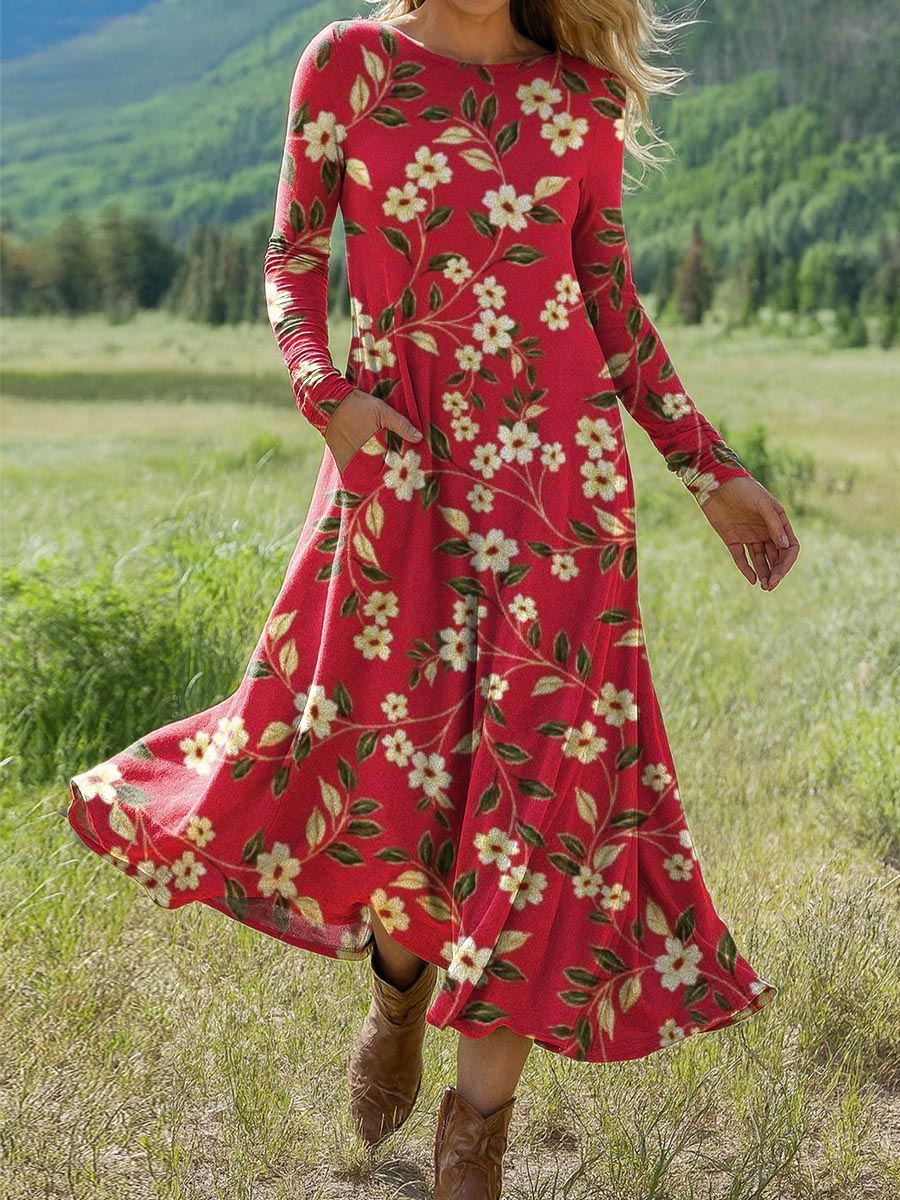 Women's Retro Floral Art Print Long-sleeved Dress