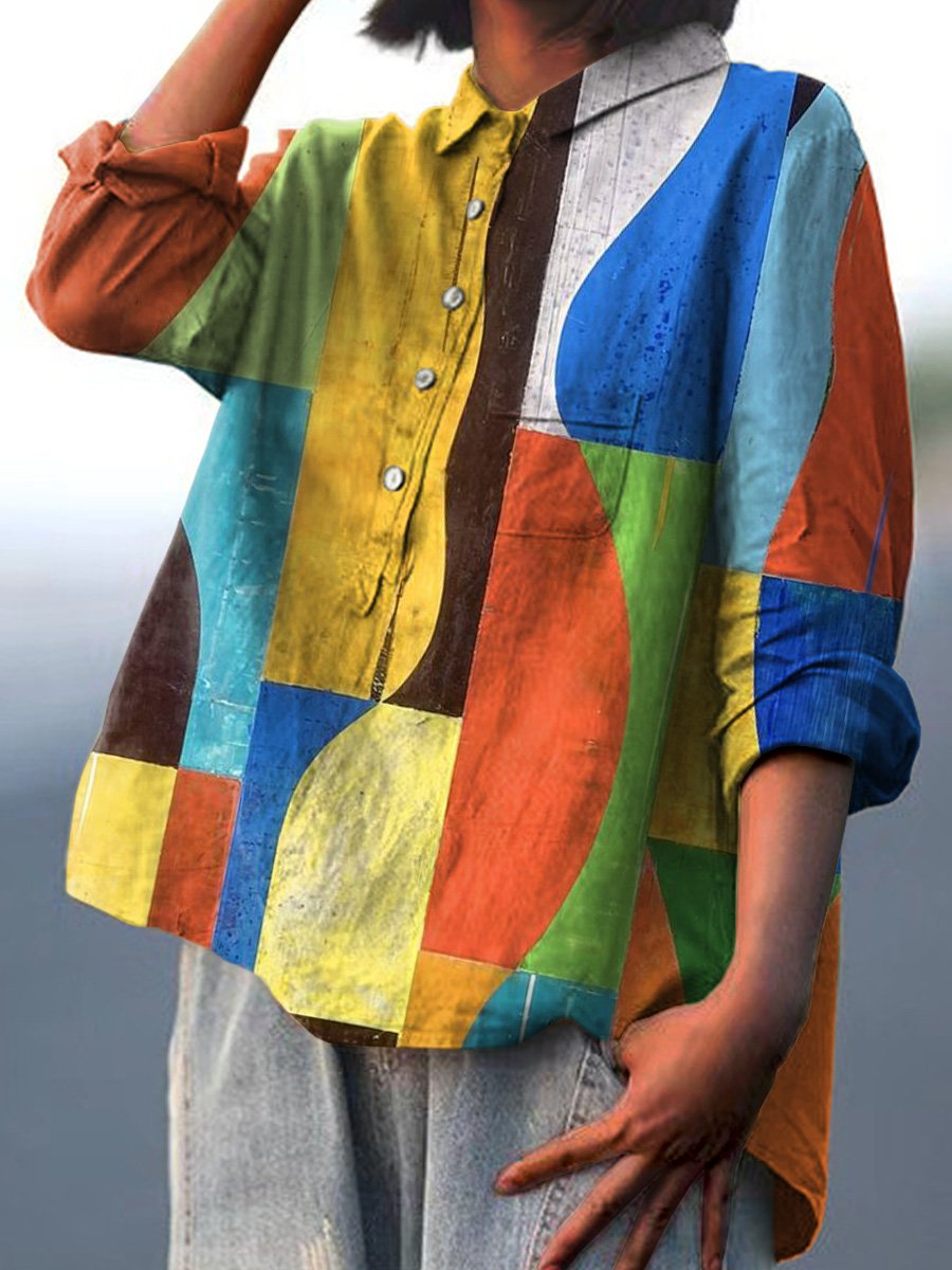 Women's Vintage Hand Painted Colorful Geometric Print Casual Cotton And Linen Shirt