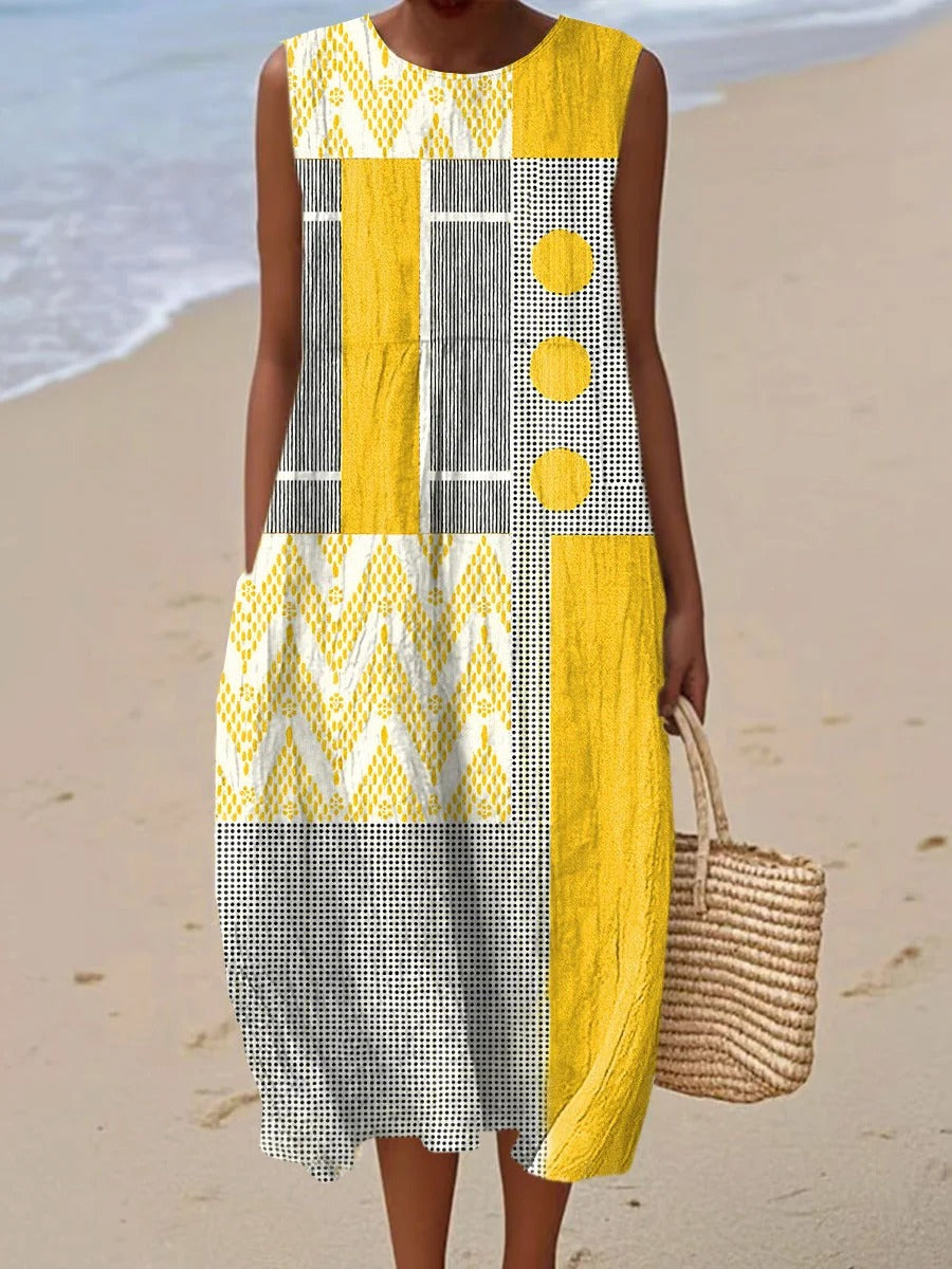 Women's Vintage Abstract Geometric Art Print Sleeveless Cotton Pocket Wrap Dress