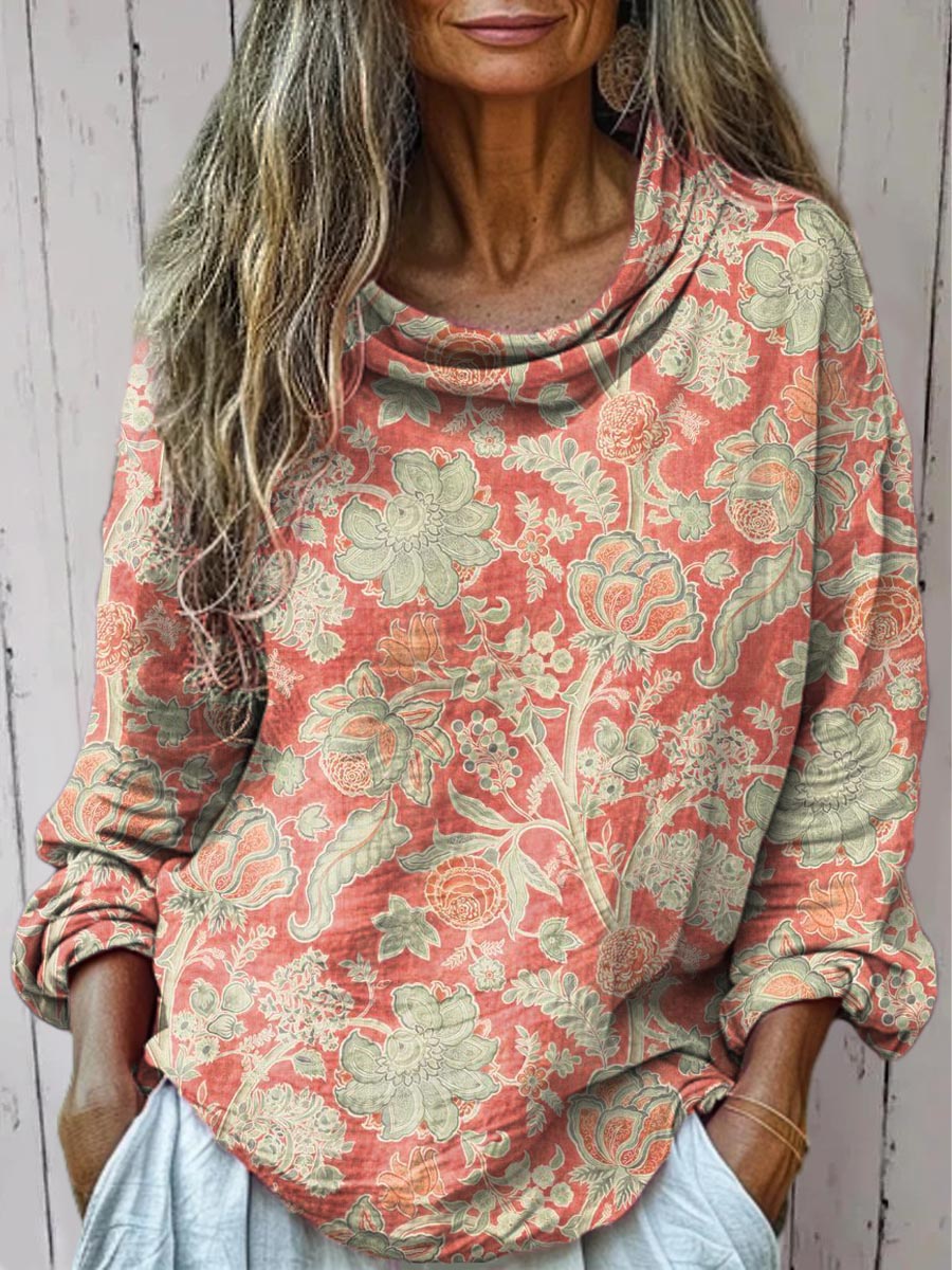 Women's Vintage Floral Art Print Casual Long Sleeve Comfortable Cotton Shirt