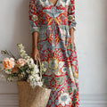 Damenkleid mit Vintage-Blumenmuster, lässigem Baumwoll-Leinen-Mischgewebe und Taschen 