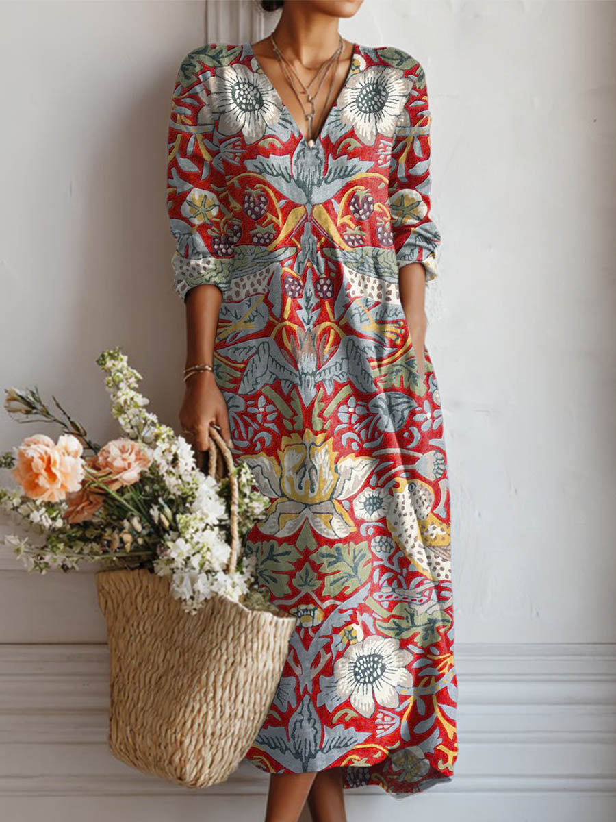 Women's Vintage Floral Art Print Casual Cotton Linen Pocket Dress