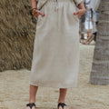 100% Linen Women's Solid Color Elastic Waist Drawstring Tie Casual Pockets Linen Skirt