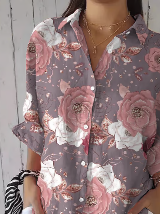 Shirt Collar Three Quarter Sleeve Floral Printing Regular Loose Button Up Shirt Shirt For Women