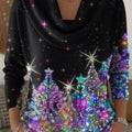 Women's Christmas Trees Snowflakes Pattern Art Print Cowl Neck Sweater