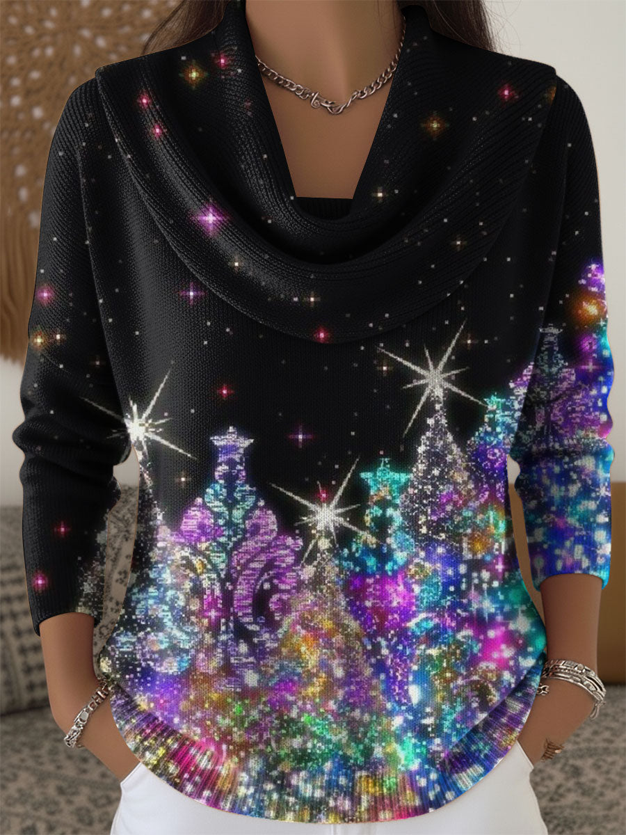 Women's Christmas Trees Snowflakes Pattern Art Print Cowl Neck Sweater