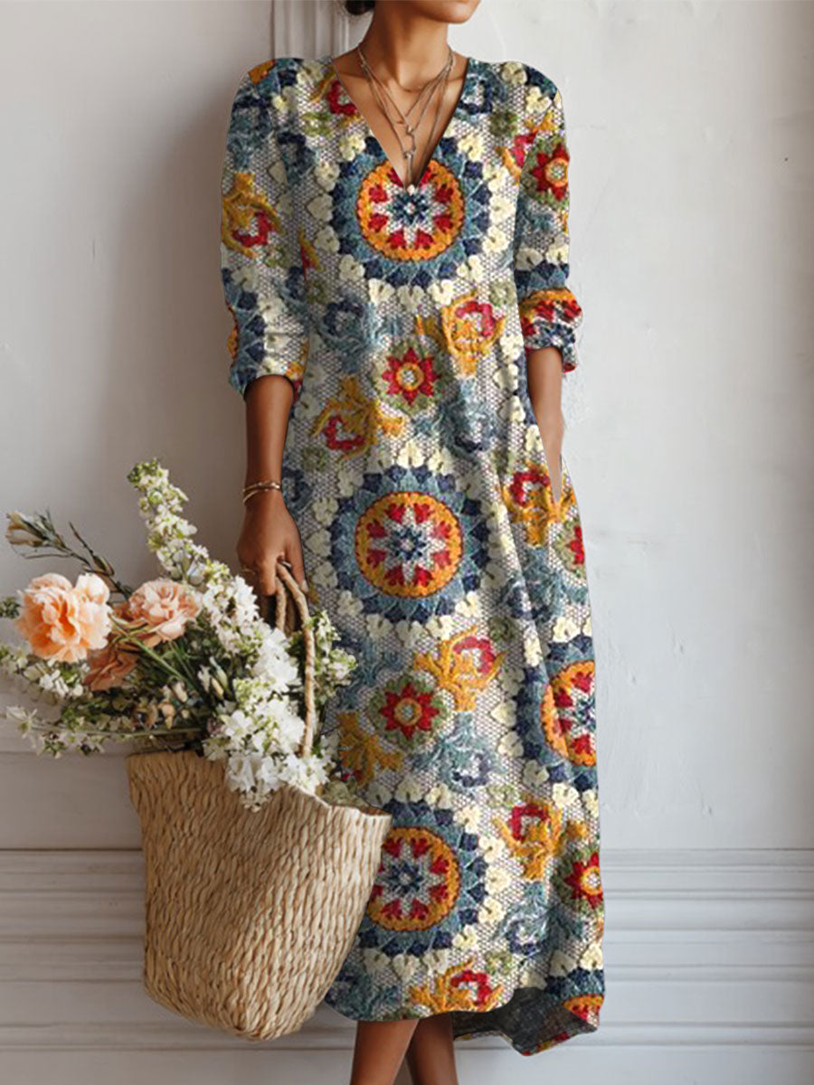 Women's Vintage Flower Art Print Linen Pocket Tunic Dress