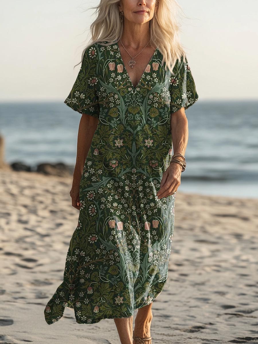 Women's Vintage Lovely Floral Art Print Pocket Cotton Dress