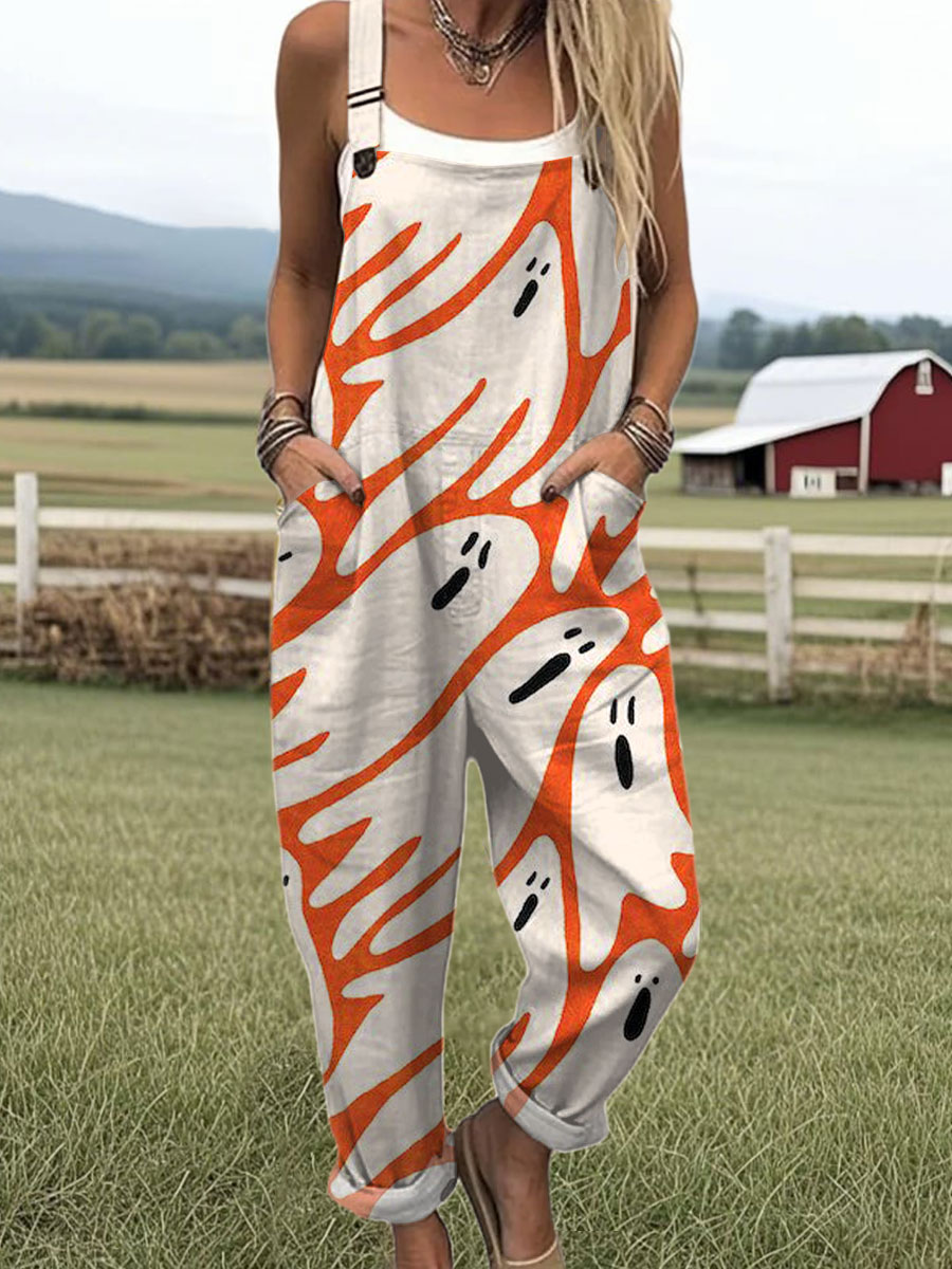 Women's Ghost Art Print Casual 100% Cotton Wide Leg Jumpsuit
