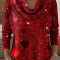 Women's Vintage Shiny Red Hearts Print Cowl Neck Sweater