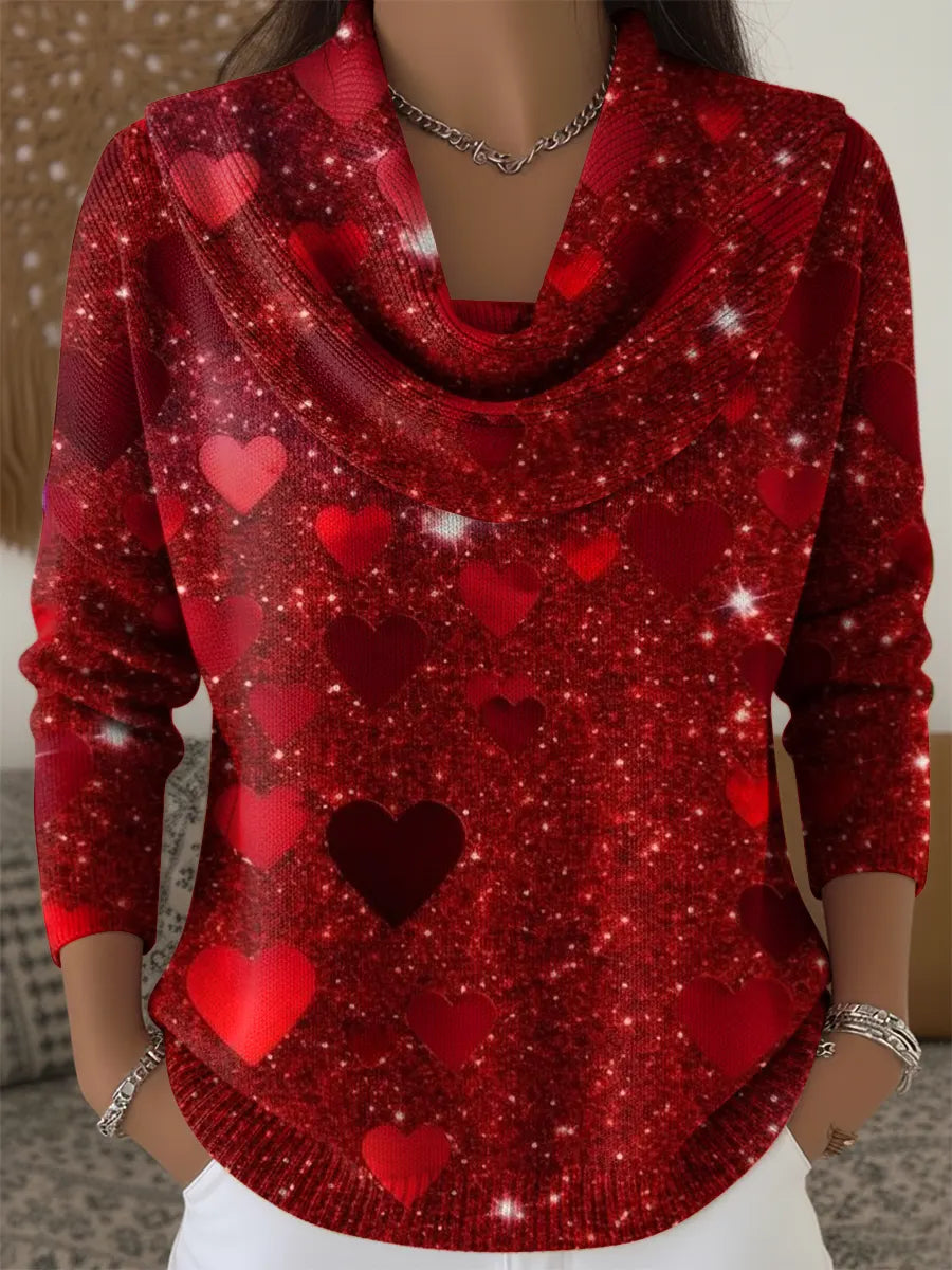 Women's Vintage Shiny Red Hearts Print Cowl Neck Sweater