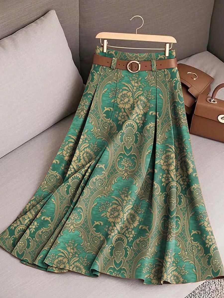 Women's Retro Floral Art Print Casual Cotton Skirt