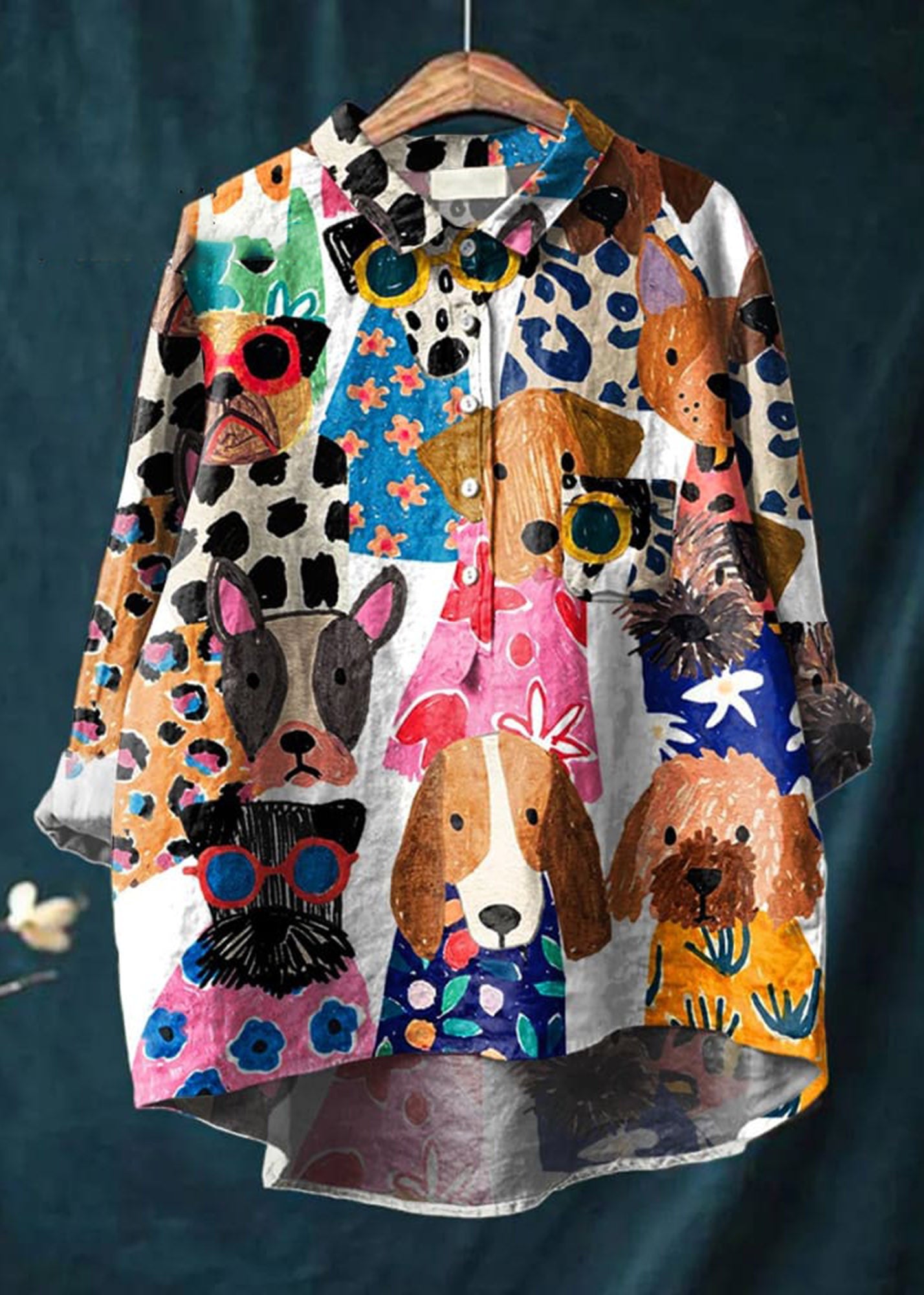 Women's Dog  Art Print Casual Cotton And Linen Shirt