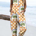 Women's Abstract Tropical Coconut Tree Illustration Art Print Casual 100% Cotton Wide Leg Jumpsuit