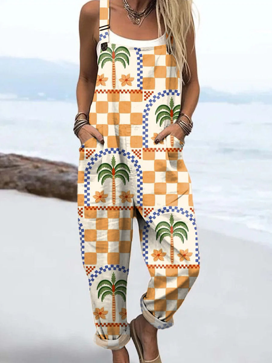 Women's Abstract Tropical Coconut Tree Illustration Art Print Casual 100% Cotton Wide Leg Jumpsuit